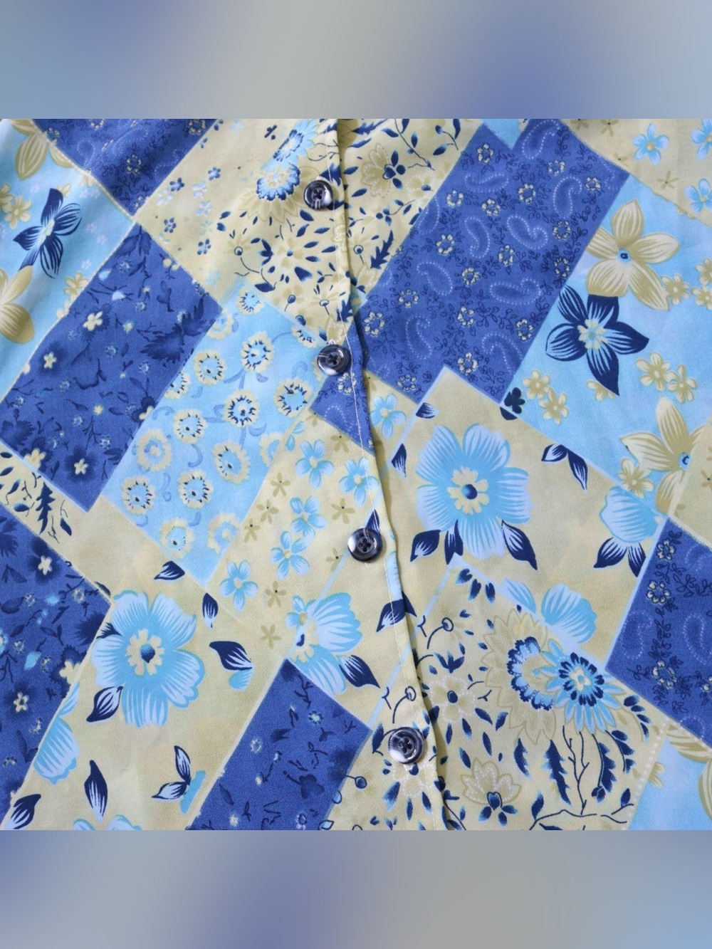 Blue floral patchwork patterned button down blouse - Picture 5 of 7